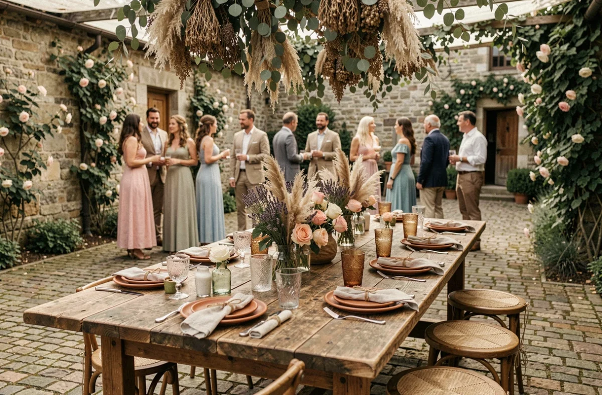 Table de réception de mariage champêtre en bois brut avec décorations florales séchées, vaisselle en céramique terracotta et nappes en lin dans une cour de ferme en pierre