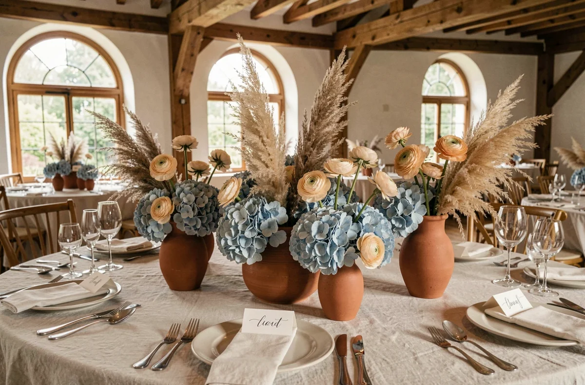 Décoration de table de mariage avec fleurs tendance 2026 en bleu poudré, terracotta et champagne pour inspiration couleurs mariage