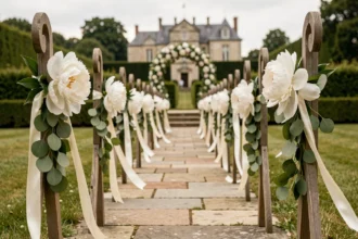 Allée de mariage en plein air décorée de pivoines blanches et guirlandes d'eucalyptus sur des crochets en bois rustiques menant à un arche floral