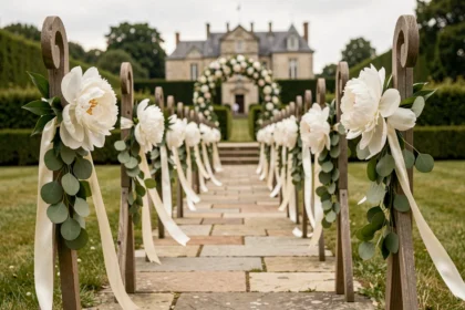 Allée de mariage en plein air décorée de pivoines blanches et guirlandes d'eucalyptus sur des crochets en bois rustiques menant à un arche floral
