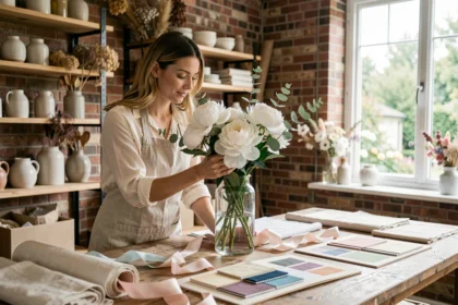 Décoratrice de mariage arrangeant des pivoines blanches dans un atelier créatif avec des planches d'inspiration