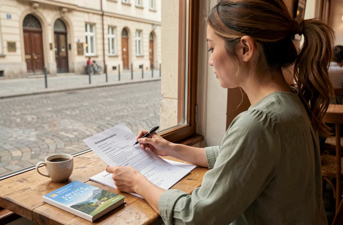 Femme consultant des documents administratifs pour organiser un mariage à l'étranger dans un café européen