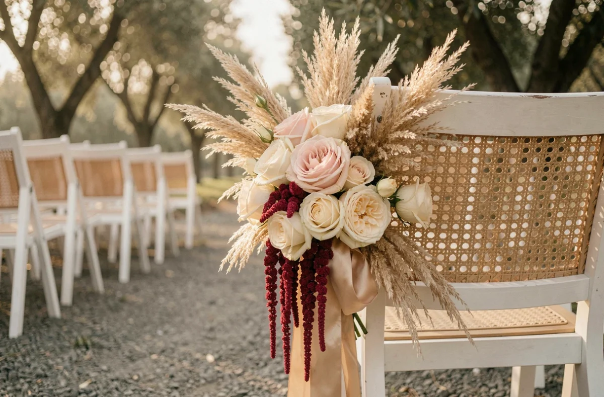 Gros plan d'un bouquet de décoration d'allée composé de roses, herbes de la pampa et amarante noués d'un ruban satiné champagne sur une chaise en bois blanc lors d'un mariage bohème