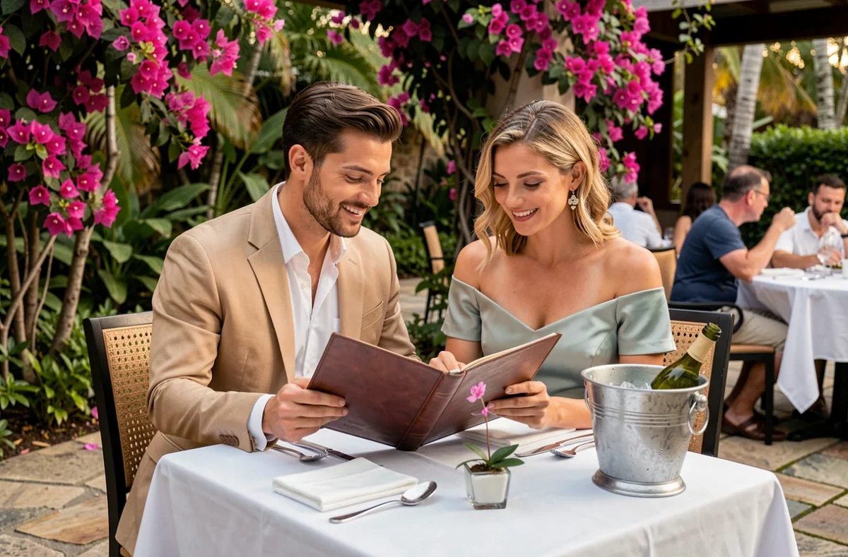 Couple dînant dans un restaurant gastronomique en plein air à Maui lors de leur lune de miel