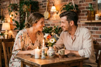 Couple partageant un dîner romantique aux chandelles dans un bistrot chaleureux avec décoration vintage