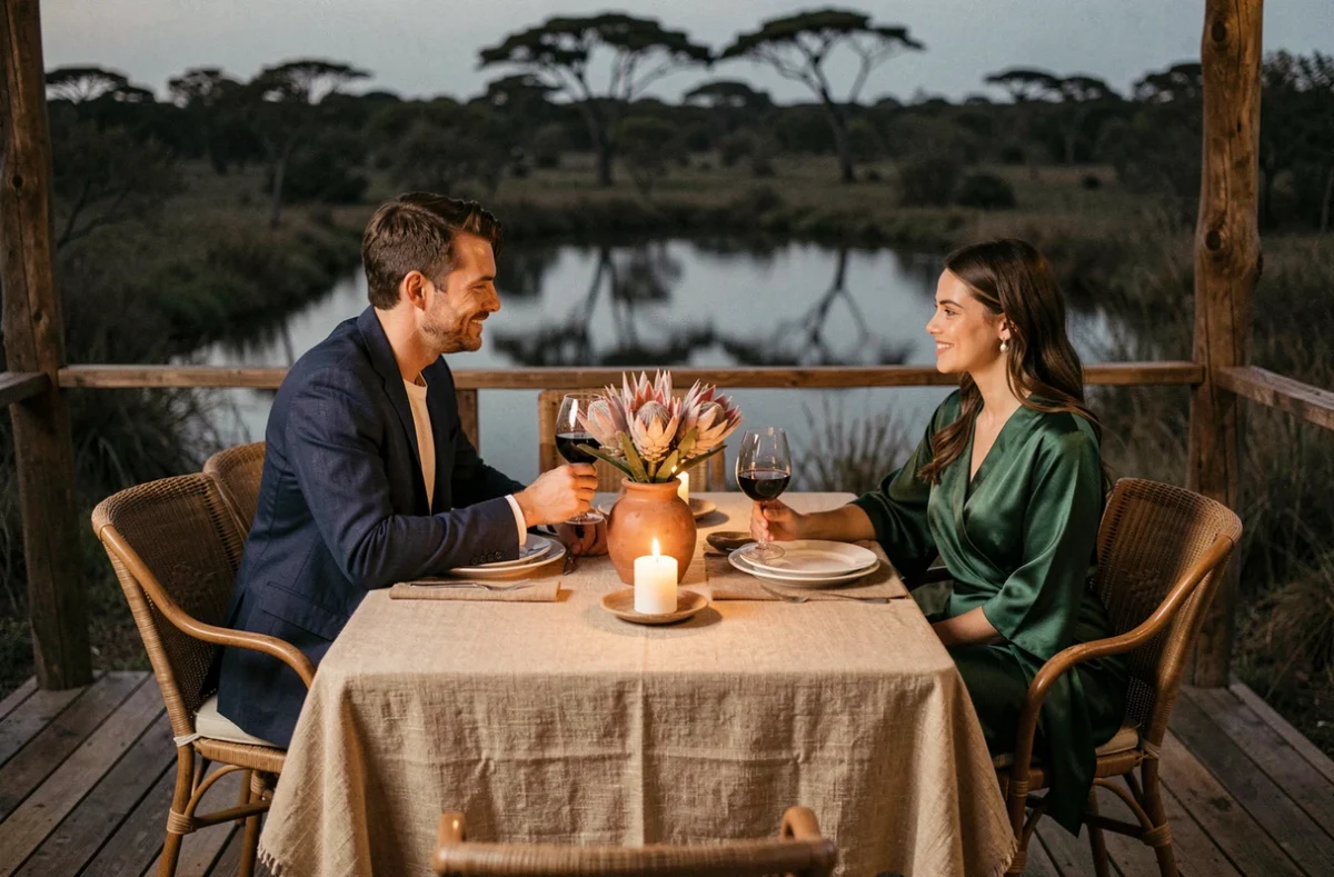Dîner romantique en amoureux sur une terrasse de lodge en brousse lors d'une lune de miel en Afrique du Sud