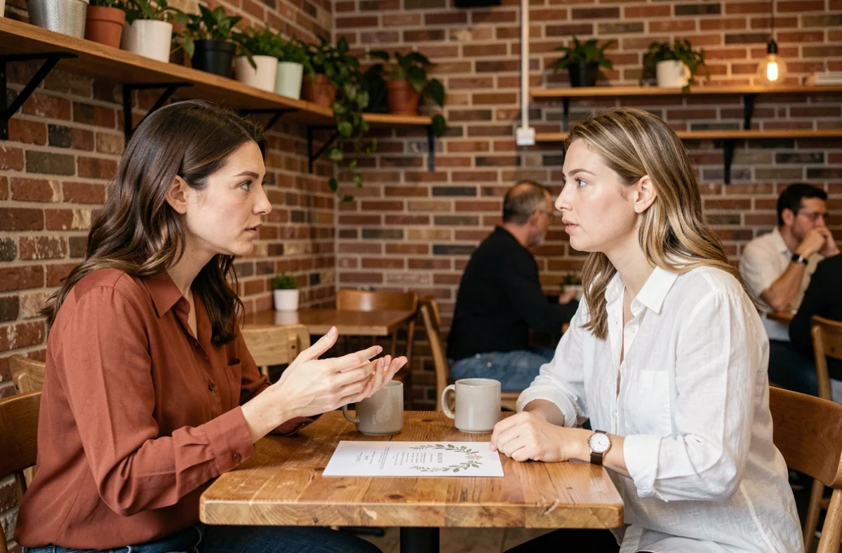 Deux amies discutant d'une invitation de mariage dans un café, l'une exprimant sa surprise de ne pas voir son conjoint inclus