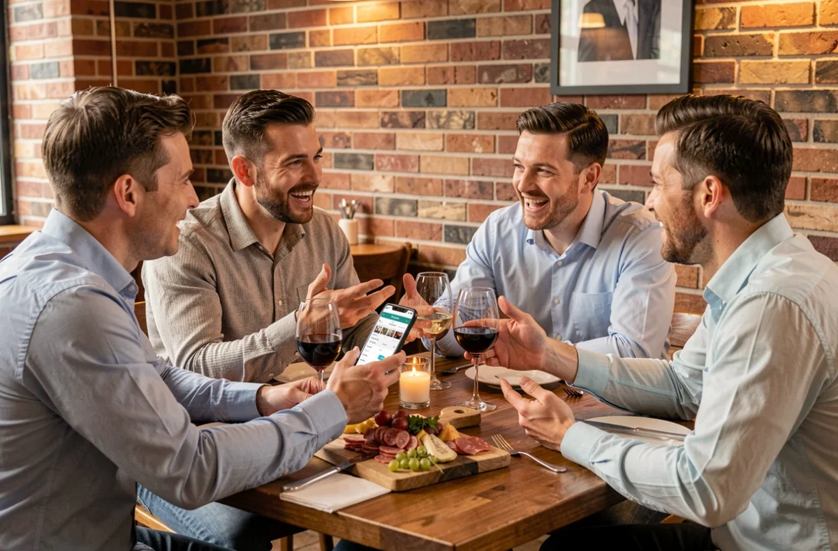 Amis au restaurant discutant du partage des frais pour un EVG autour d'un téléphone