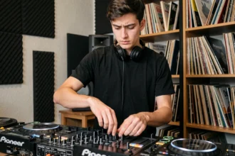 DJ débutant derrière sa console Pioneer dans un home studio avec des panneaux acoustiques, réglant son mixeur avec une expression concentrée