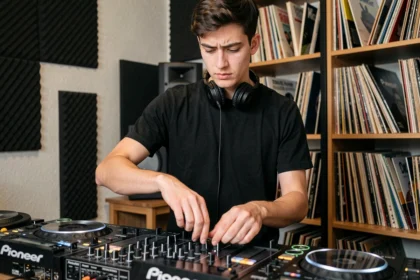 DJ débutant derrière sa console Pioneer dans un home studio avec des panneaux acoustiques, réglant son mixeur avec une expression concentrée