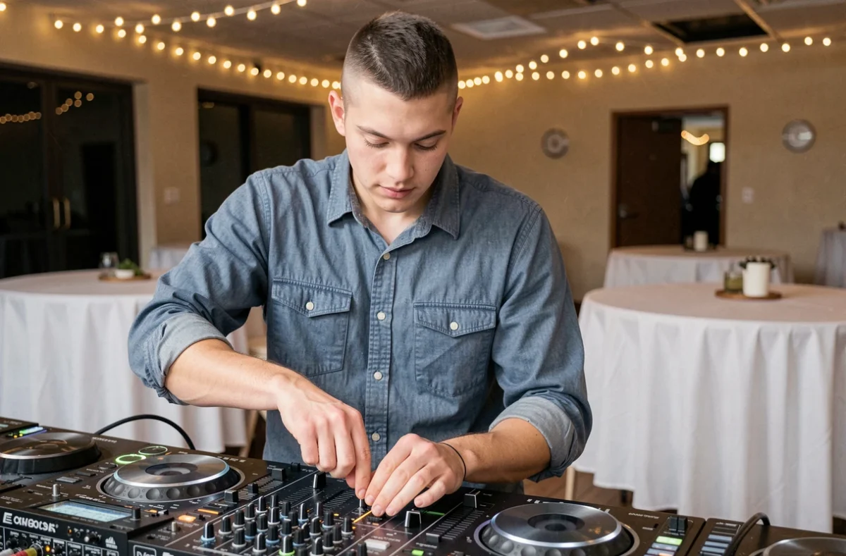 Un jeune DJ débutant branche sa console dans une petite salle de réception décorée pour un événement privé, reflétant les premières expériences professionnelles d'un DJ en début de carrière
