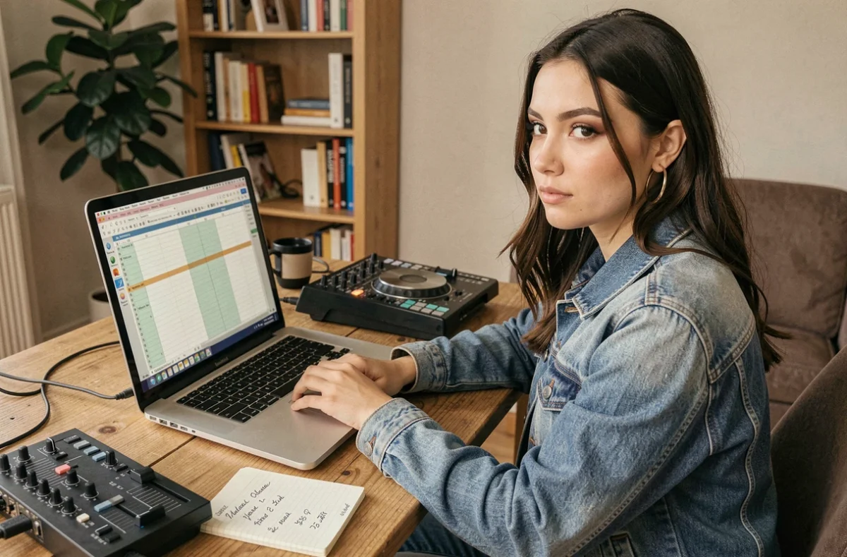 Une DJ débutante consulte un tableau de tarification sur son ordinateur portable à côté de sa console et d'un carnet de notes manuscrites sur ses prix