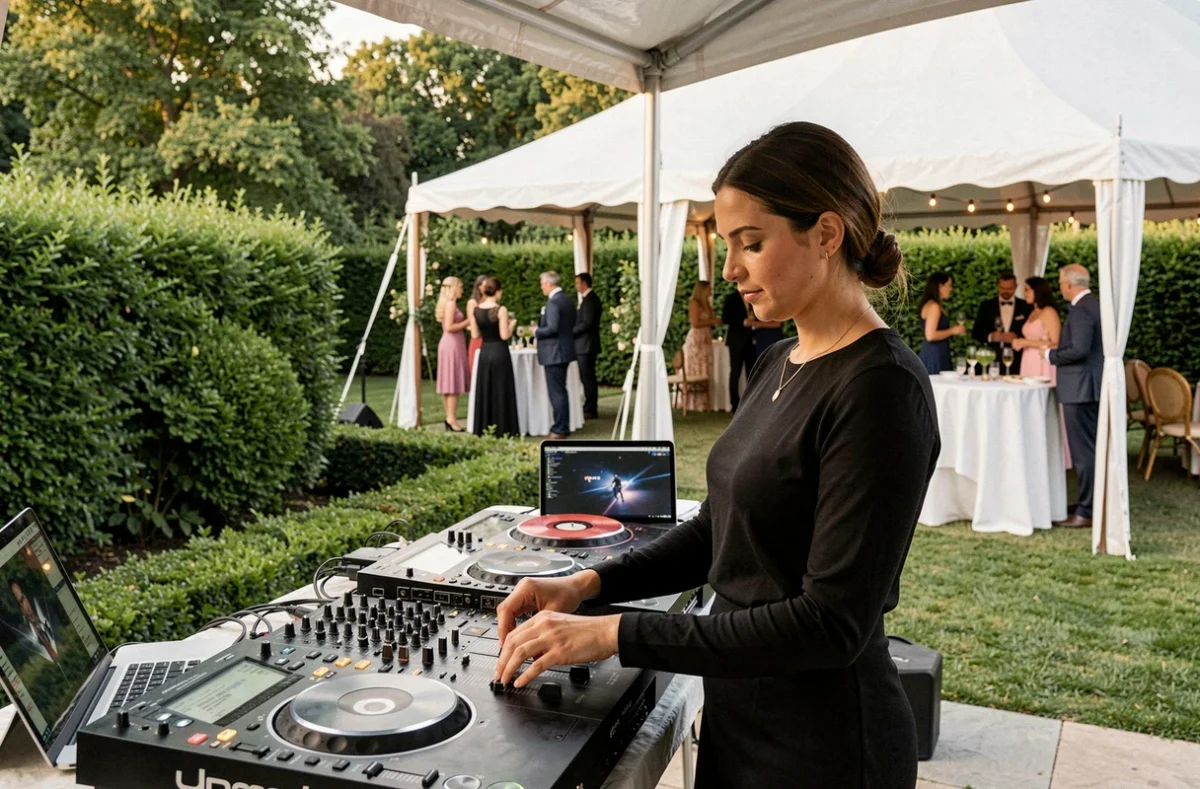 DJ professionnelle derrière sa table de mixage lors d'une réception de mariage en plein air dans un jardin