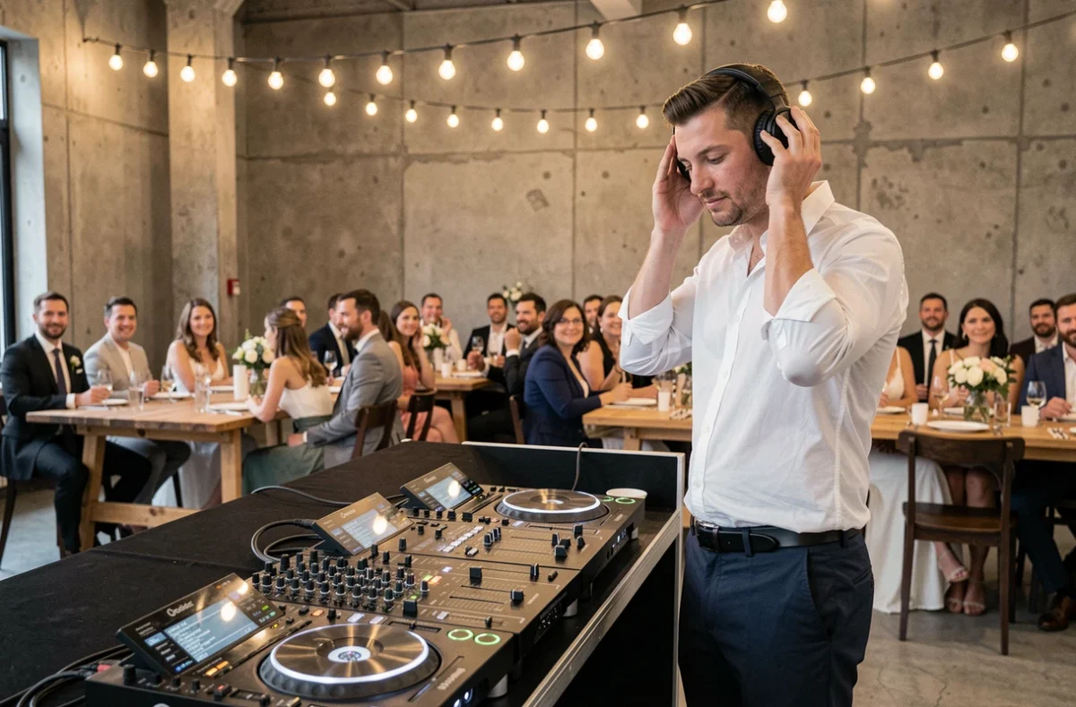 DJ professionnel aux platines lors d'un dîner de mariage moderne dans un loft avec guirlandes lumineuses et tables en bois
