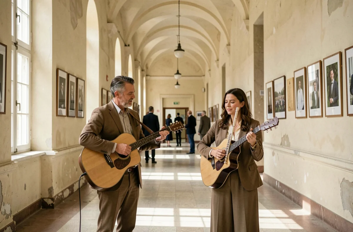 Duo guitare acoustique et flûte traversière animant l'entrée d'une mairie pour un mariage civil