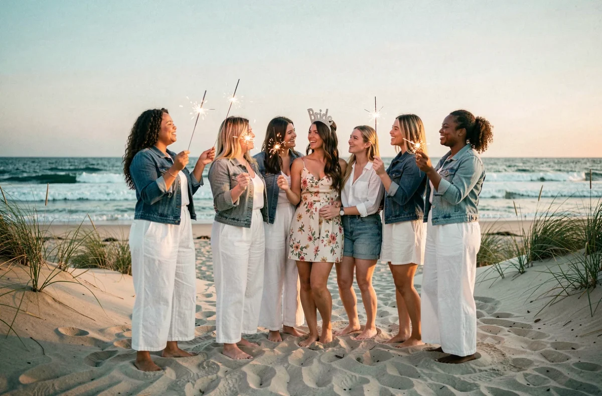 Groupe de femmes célébrant un enterrement de vie de jeune fille sur la plage au coucher du soleil