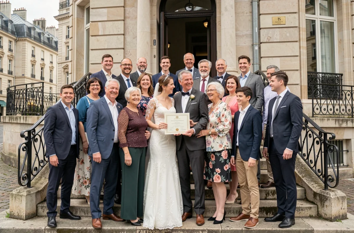 Famille réunie devant la mairie après une cérémonie de mariage civil officiel en France
