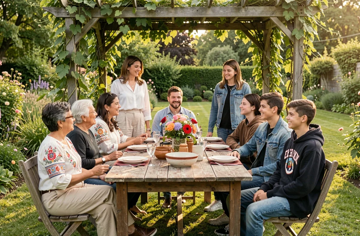 Famille multiculturelle réunie sur trois générations lors d'une célébration en plein air, illustrant l'harmonie des mariages interculturels