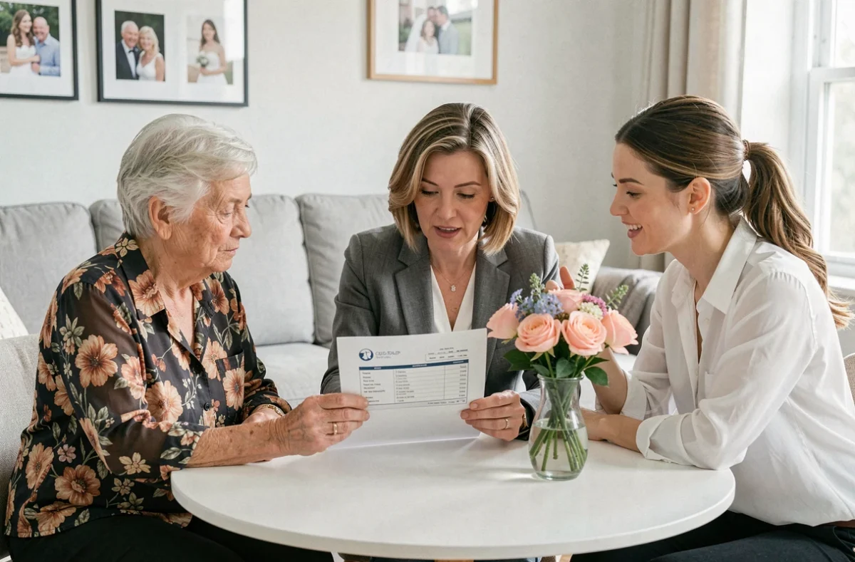 Trois générations de femmes — grand-mère, mère et future mariée — réunies autour d'une table pour discuter du financement du mariage