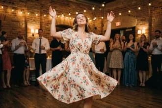 Jeune femme dansant les yeux fermés sur une piste de danse en bois dans une salle avec des murs en briques