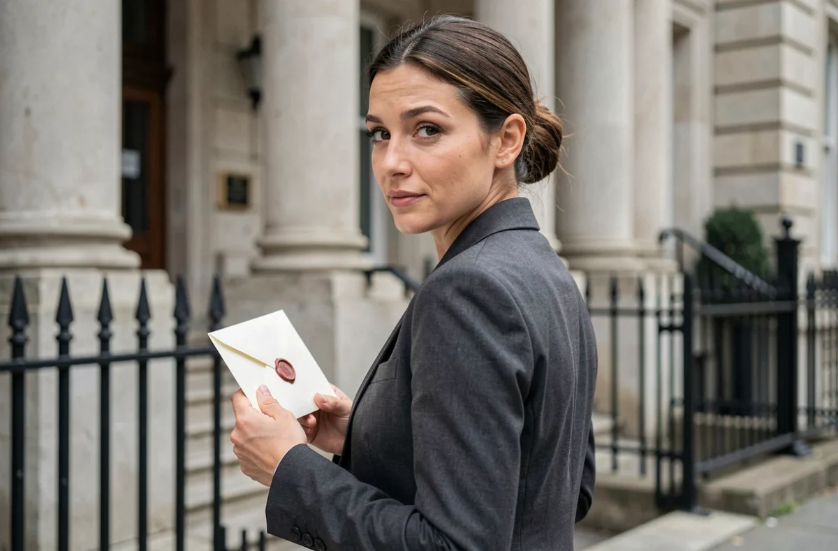 Femme tenant une enveloppe discrète devant une mairie, évoquant un mariage civil secret