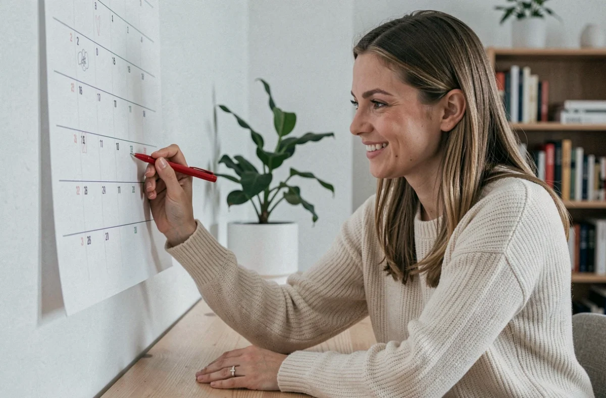 Femme mariée organisant la date de sa lune de miel sur un calendrier dans un appartement cosy