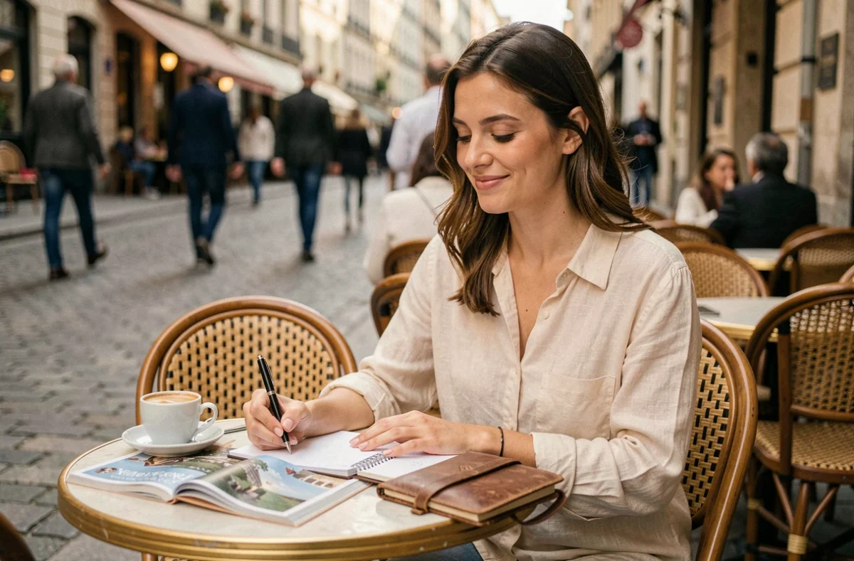 Femme organisant son voyage de noces dans un café avec un agenda et un magazine de voyage