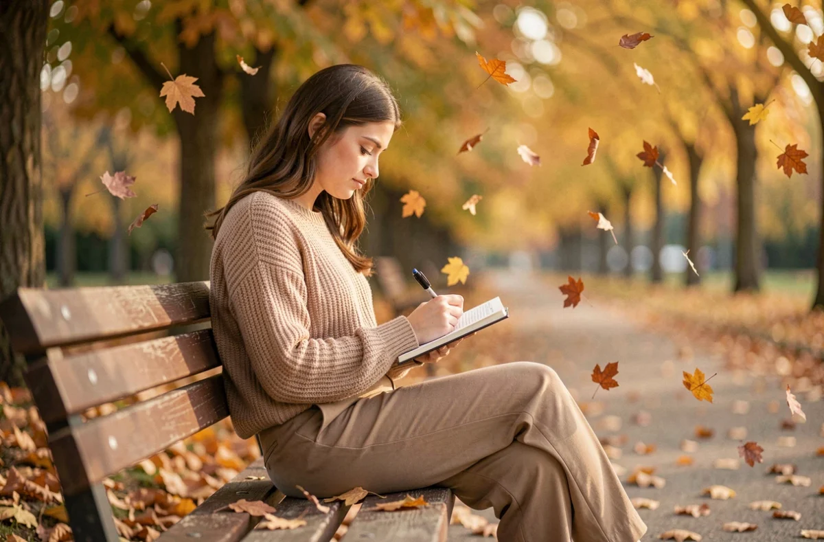 Jeune femme réfléchissant seule dans un parc en automne, symbolisant l'importance de la réflexion personnelle et des valeurs avant le mariage