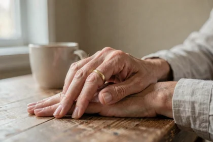 Femme retirant son alliance en or de son doigt sur une table en bois, geste symbolique et introspectif