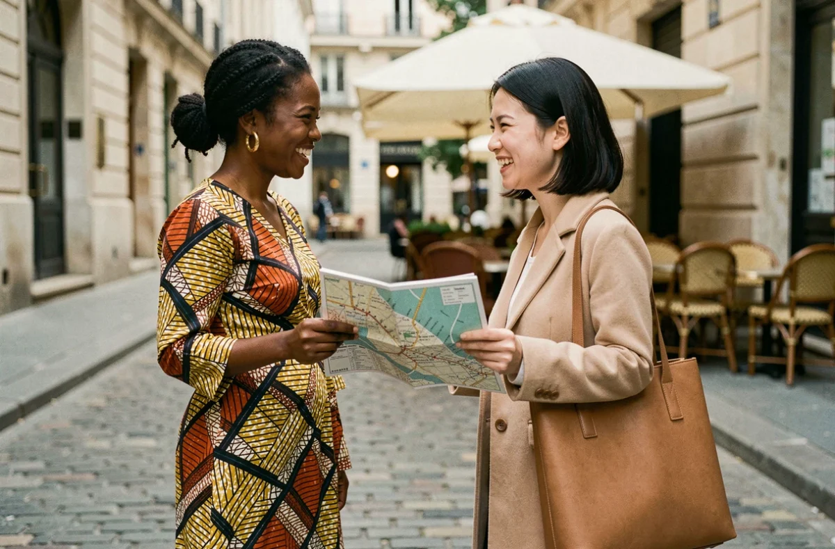 Deux femmes de cultures différentes explorant une ville européenne ensemble, symbolisant l'union interculturelle au quotidien