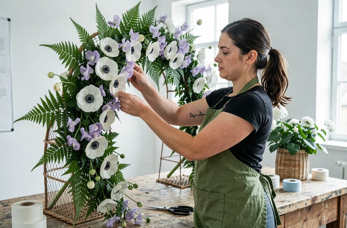 Fleuriste arrangeant un arc floral de mariage avec des anémones blanches et des pois de senteur dans un atelier moderne