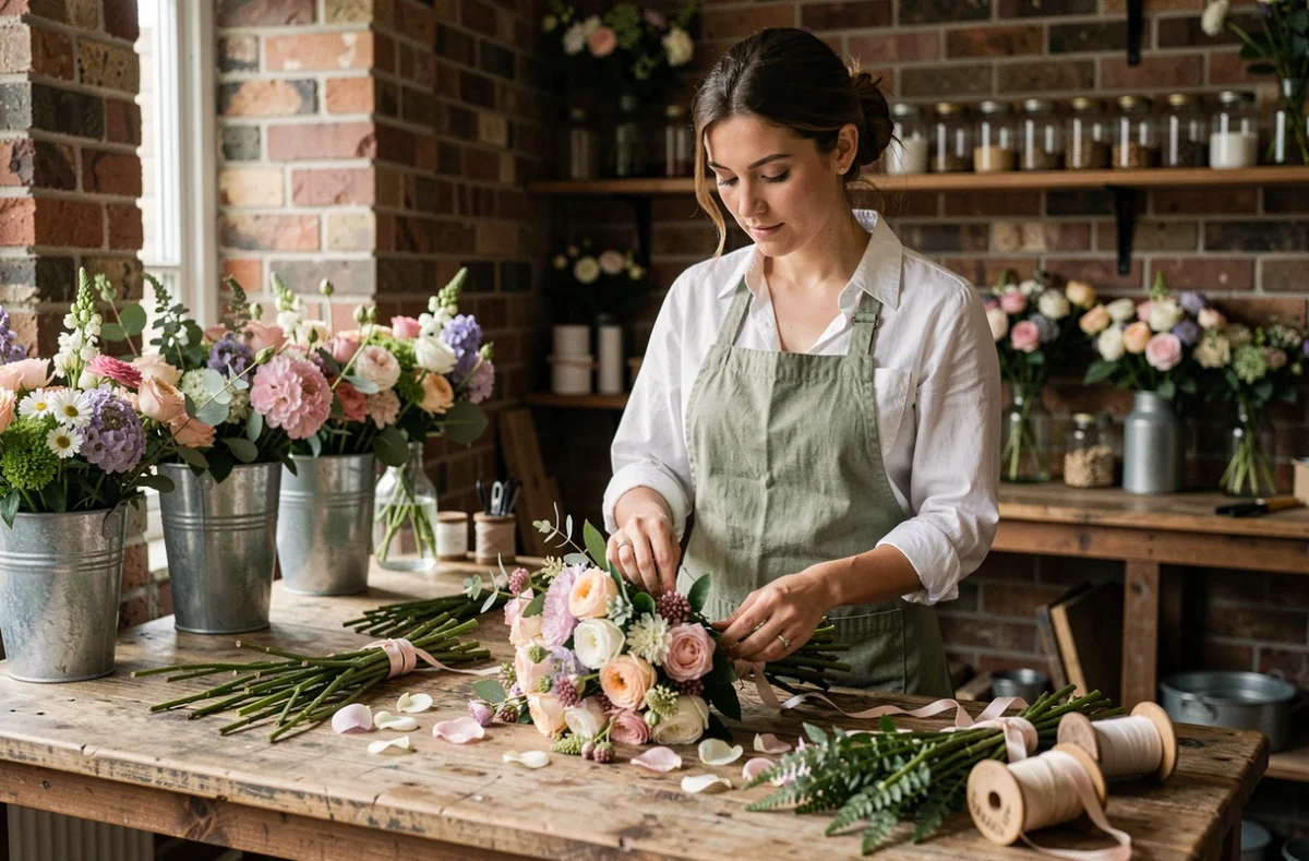 Fleuriste préparant le bouquet de mariage dans un atelier floral artisanal