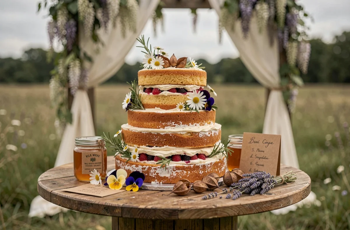 Gâteau de mariage naked cake champêtre à trois étages décoré de fleurs comestibles et d'herbes fraîches, posé sur une bobine en bois dans un décor de prairie