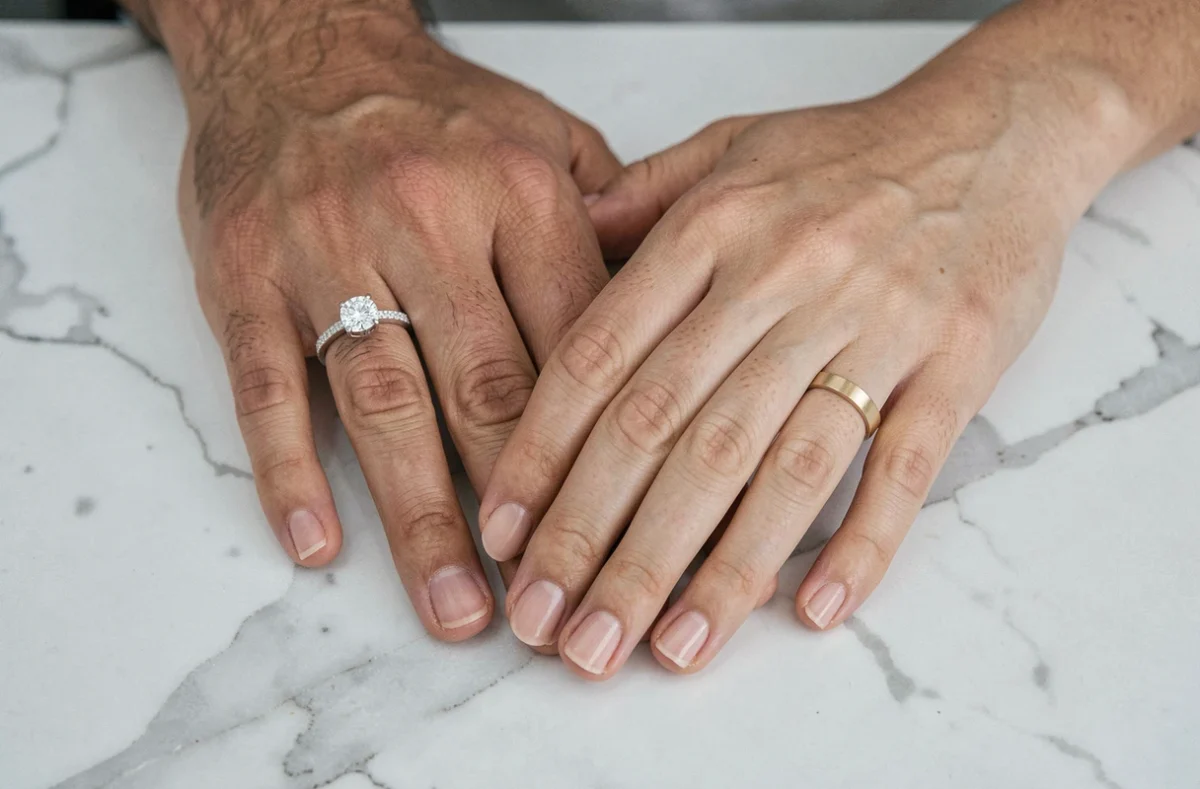Gros plan de deux mains portant chacune une bague de fiançailles différente posées sur une surface en marbre blanc