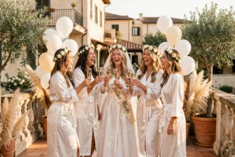 Groupe d'amies en robes de mariée pour un enterrement de vie de jeune fille sur une terrasse ensoleillée