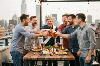 Groupe d'amis fêtant un enterrement de vie de garçon sur un rooftop urbain avec bières et décorations