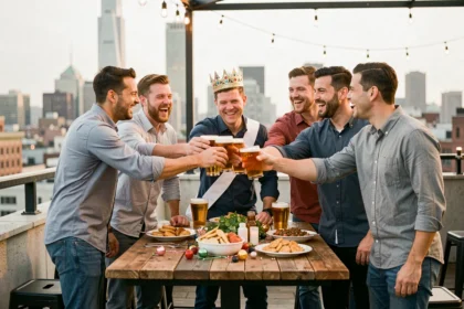 Groupe d'amis fêtant un enterrement de vie de garçon sur un rooftop urbain avec bières et décorations