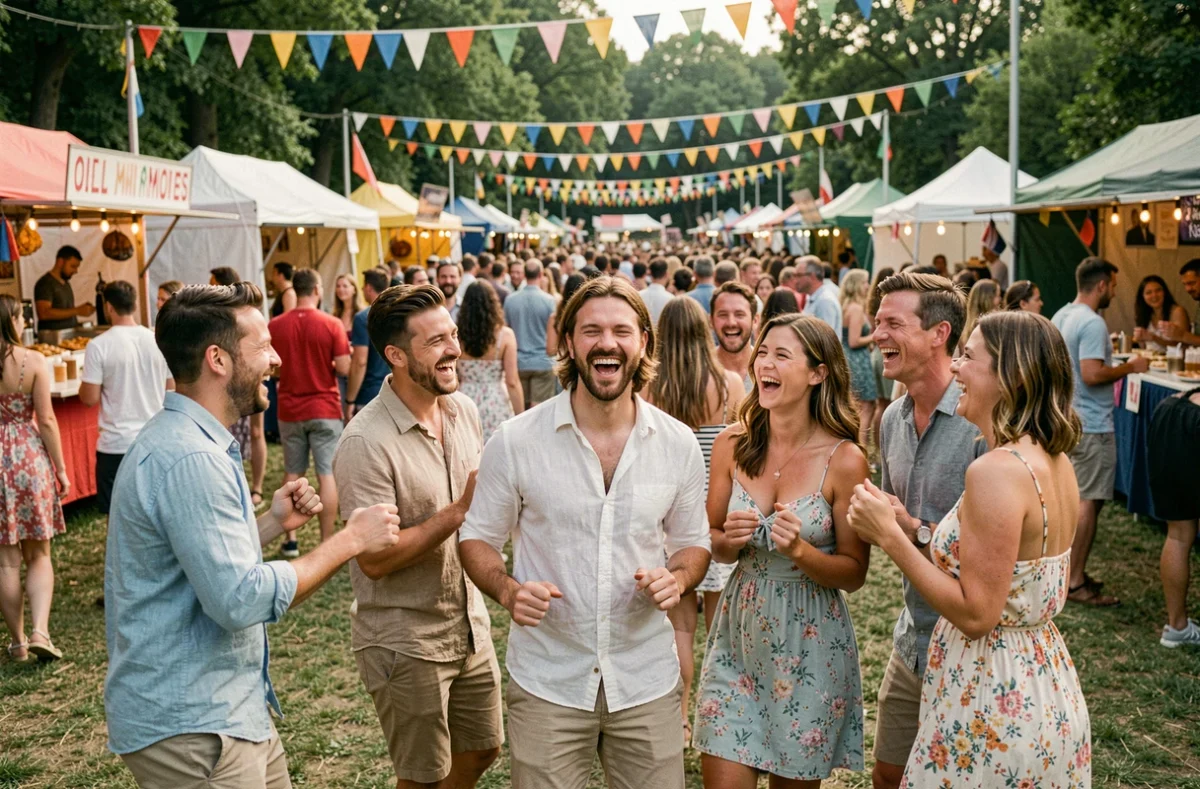 Groupe d'amis dansant ensemble lors d'un festival de musique en plein air en été