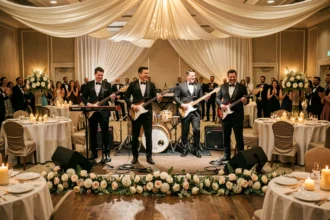 Groupe de musique live jouant lors d'une réception de mariage dans une salle décorée de fleurs et bougies