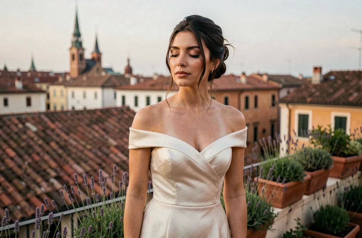 Mariée en robe de soie ivoire debout seule sur une terrasse urbaine au crépuscule avec panorama de toits européens en arrière-plan