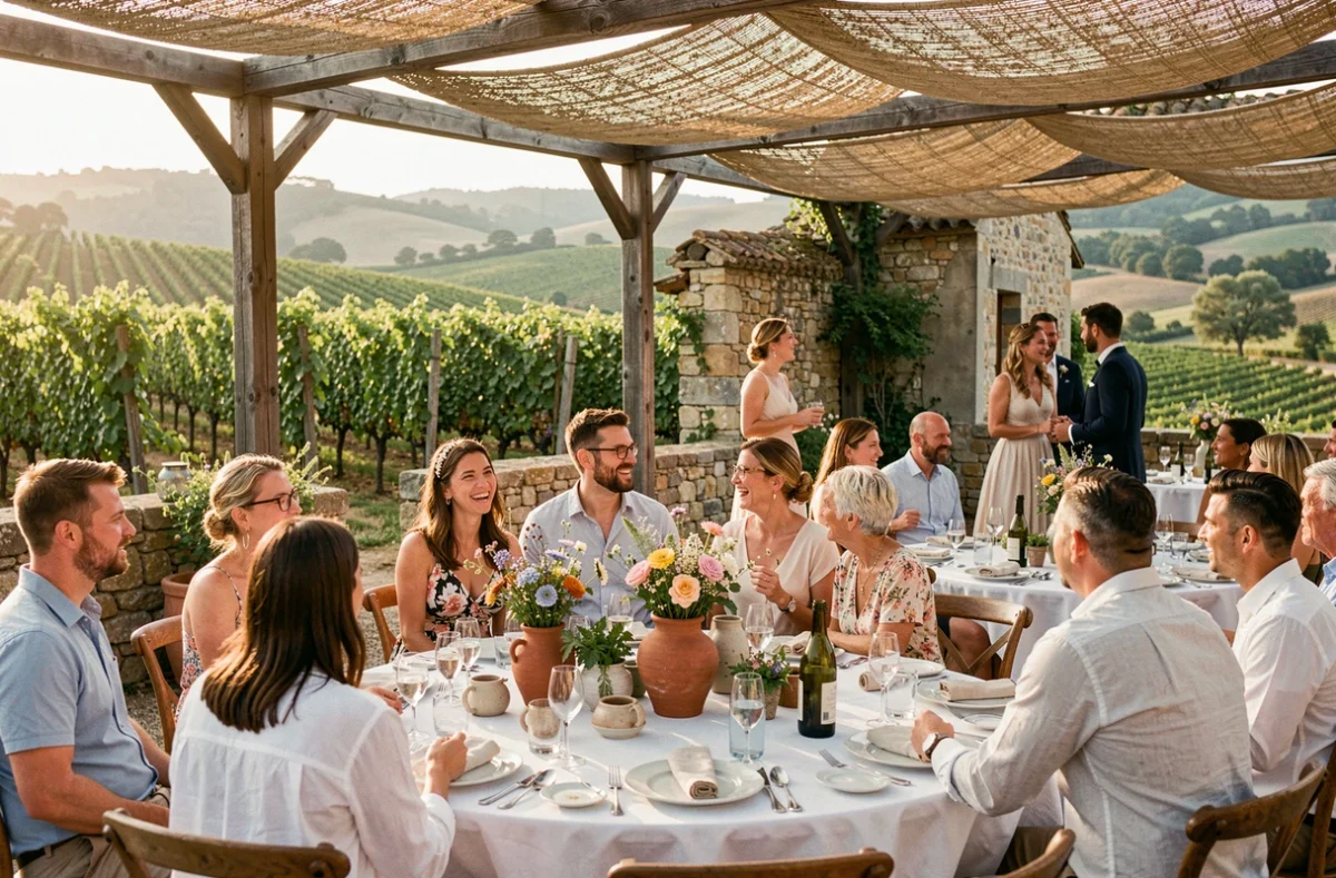 Réception de mariage en fin d'après-midi sur une terrasse de vignoble provençal avec invités en tenue estivale et décoration florale champêtre
