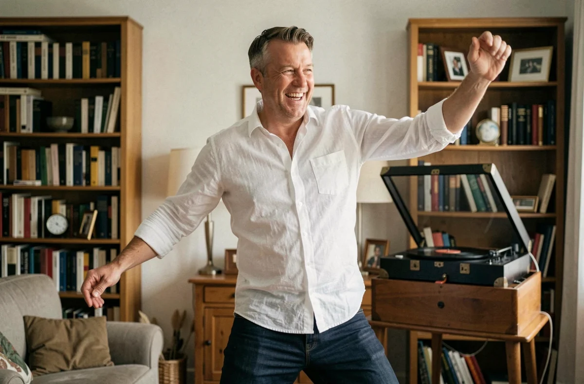 Homme d'âge moyen dansant avec enthousiasme dans un salon cosy avec une platine vinyle vintage