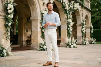 Homme élégant en pantalon blanc à l'entrée d'un mariage en plein air