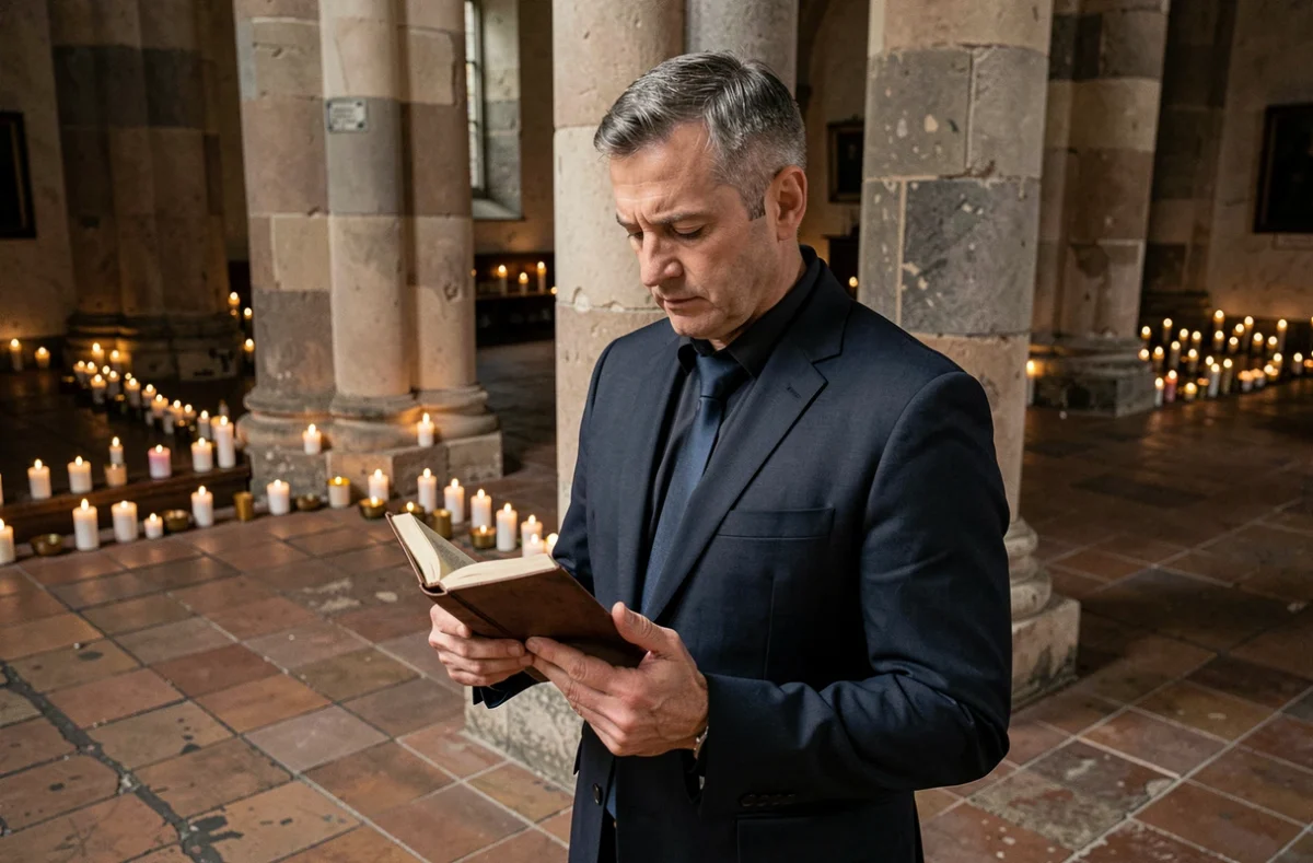Homme en prière solitaire dans une église à la lueur des bougies pour son mariage