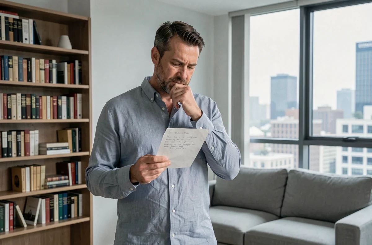 Un homme seul dans son appartement réfléchit à qui choisir comme témoin de mariage en tenant une note manuscrite