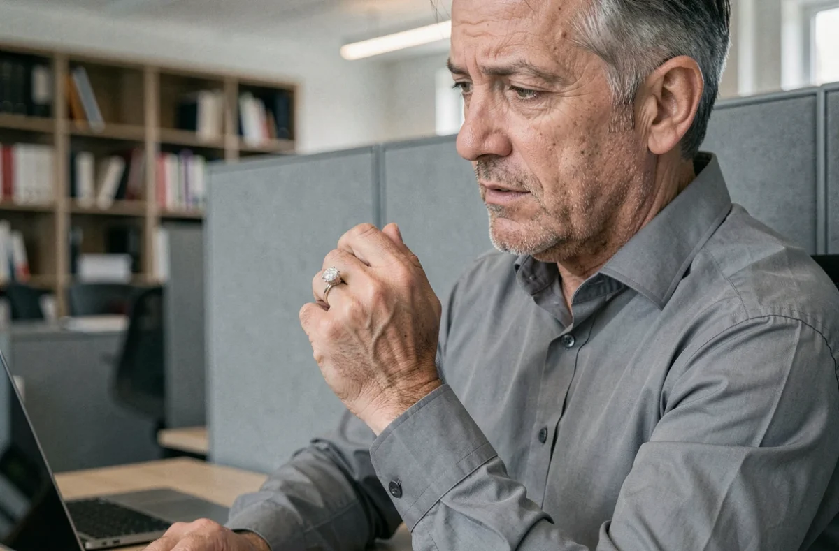 Homme en chemise grise tenant son alliance dans la main au bureau, regard pensif et symbolique