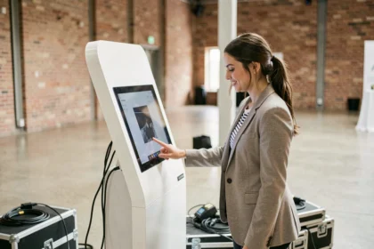 Femme installant un photobooth lors de la préparation d'un événement dans une salle moderne