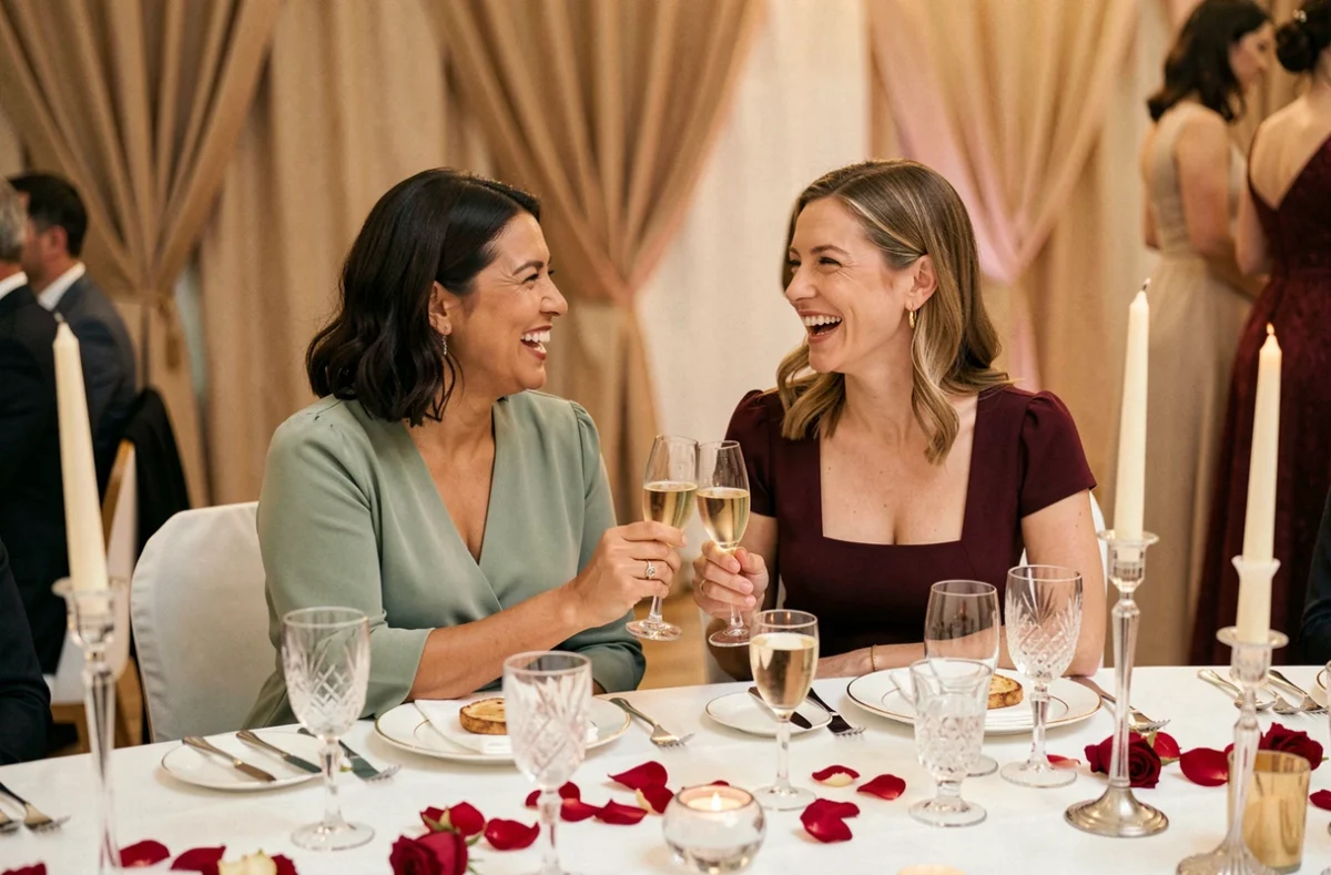Deux invitées élégantes en robes de soirée lors d'une réception de mariage intérieure