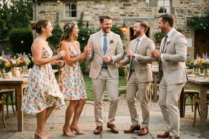 Groupe d'invités joyeux dansant lors d'une réception de mariage en plein air dans une ferme rustique