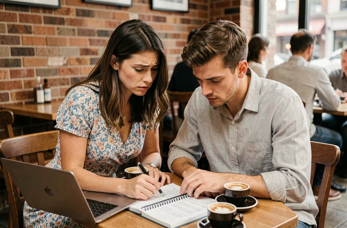 Un jeune couple fiancé consulte un budget de mariage sur un ordinateur portable dans un café, avec un carnet de notes et des expressions concentrées